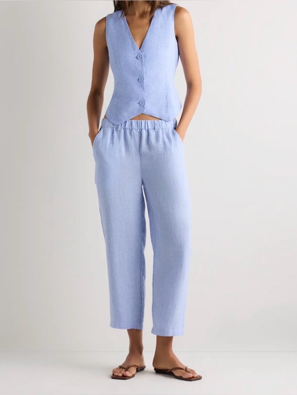 Quince Light Blue Sleeveless Button Vest & Matching Pants Set